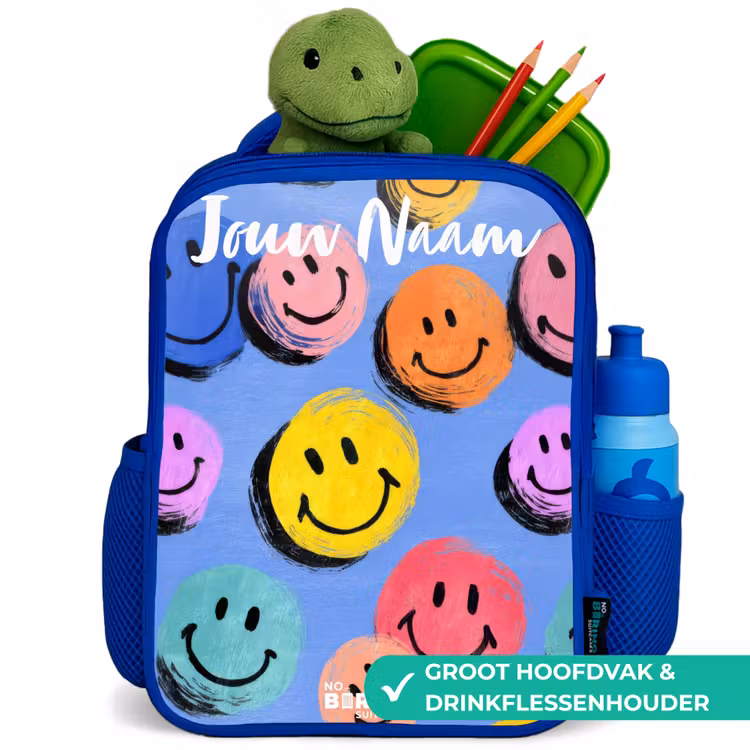 Een speels en kunstzinnig patroon van kleurrijke smileys Kinderrugzak - Blauw middel -inhoud_NL