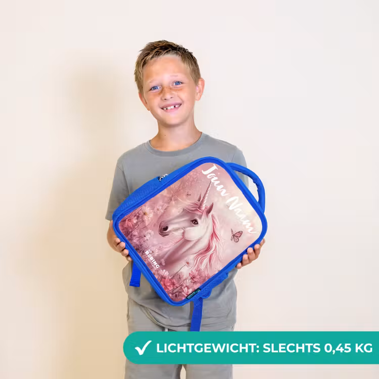 Eenhoorn - Roze - Vlinder - Bloemen Kinderrugzak - Blauw middel -sfeer1_NL