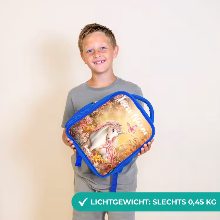 Eenhoorn - Vlinder - Roze - Manen Kinderrugzak - Blauw middel -sfeer1_NL