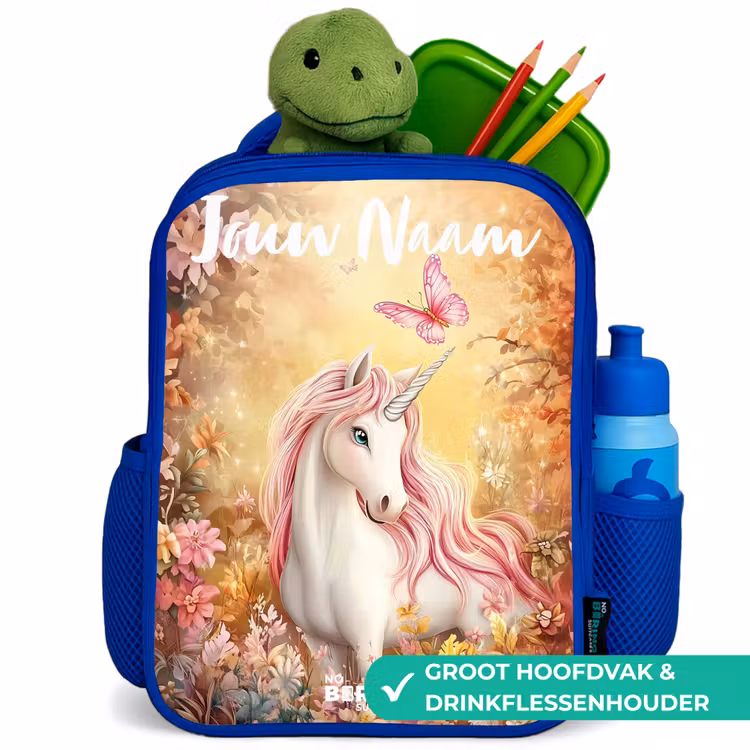 Eenhoorn - Vlinder - Roze - Manen Kinderrugzak - Blauw middel -inhoud_NL