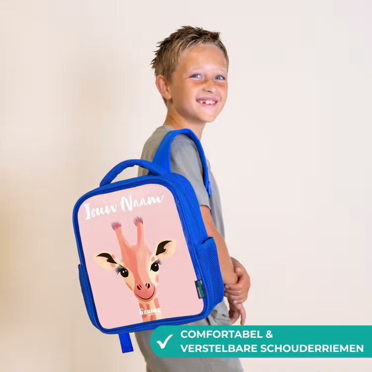 Giraffe - Wimpers - Minimalistisch - Roze Kinderrugzak - Blauw middel -sfeer3_NL