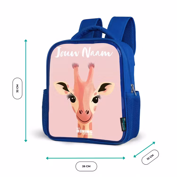 Giraffe - Wimpers - Minimalistisch - Roze Kinderrugzak - Blauw middel -productfoto_formaten
