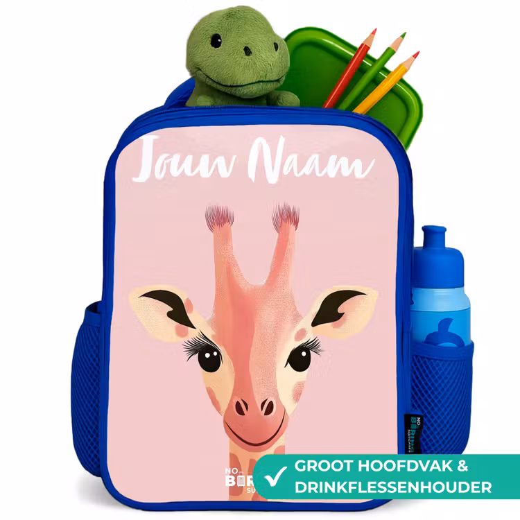 Giraffe - Wimpers - Minimalistisch - Roze Kinderrugzak - Blauw middel -inhoud_NL