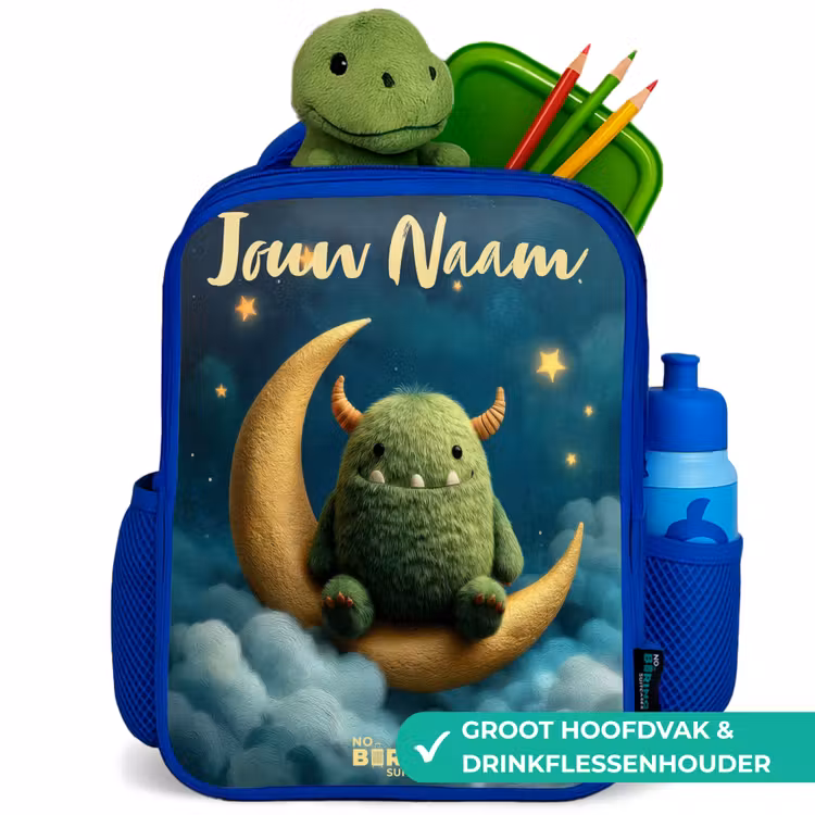 Groen monster op maansikkel Kinderrugzak - Blauw middel -inhoud_NL