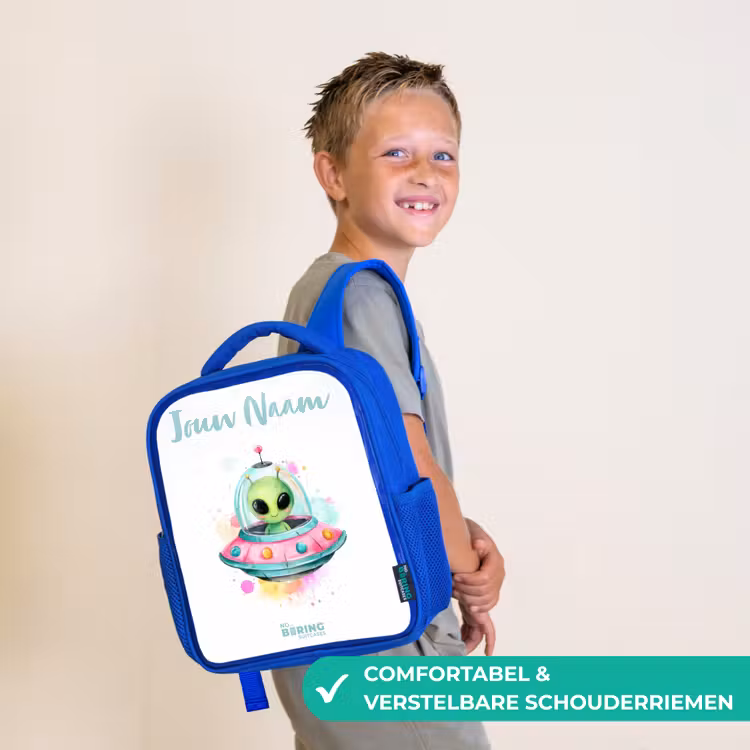 Groene alien in kleurrijke UFO Kinderrugzak - Blauw middel -sfeer3_NL