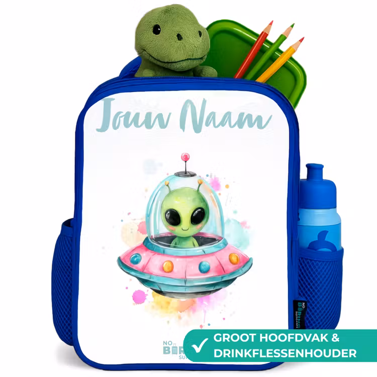 Groene alien in kleurrijke UFO Kinderrugzak - Blauw middel -inhoud_NL