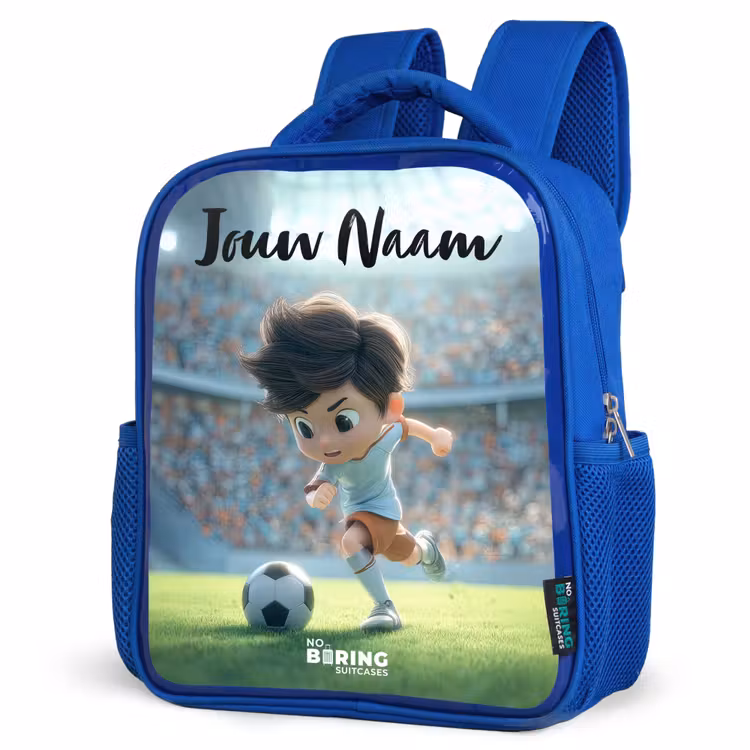 Jongen - Voetbal - Stadion - Zonlicht Kinderrugzak - Blauw middel -schuin