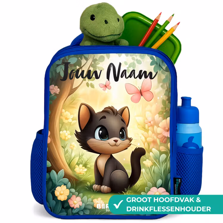 Kat - Vlinder - Bloemen Kinderrugzak - Blauw middel -inhoud_NL
