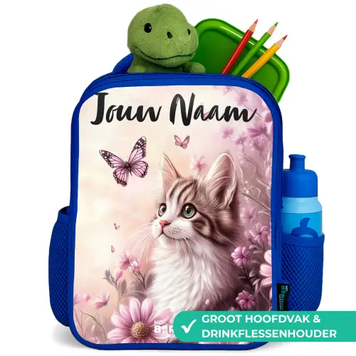 Kitten - Vlinders - Paars - Bloemen Kinderrugzak - Blauw middel -inhoud_NL
