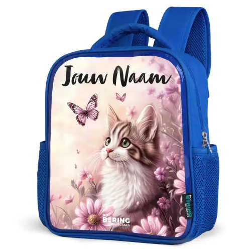 Kitten - Vlinders - Paars - Bloemen Kinderrugzak - Blauw middel -schuin