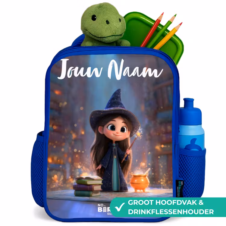 Kleine tovernares in bibliotheek Kinderrugzak - Blauw middel -inhoud_NL