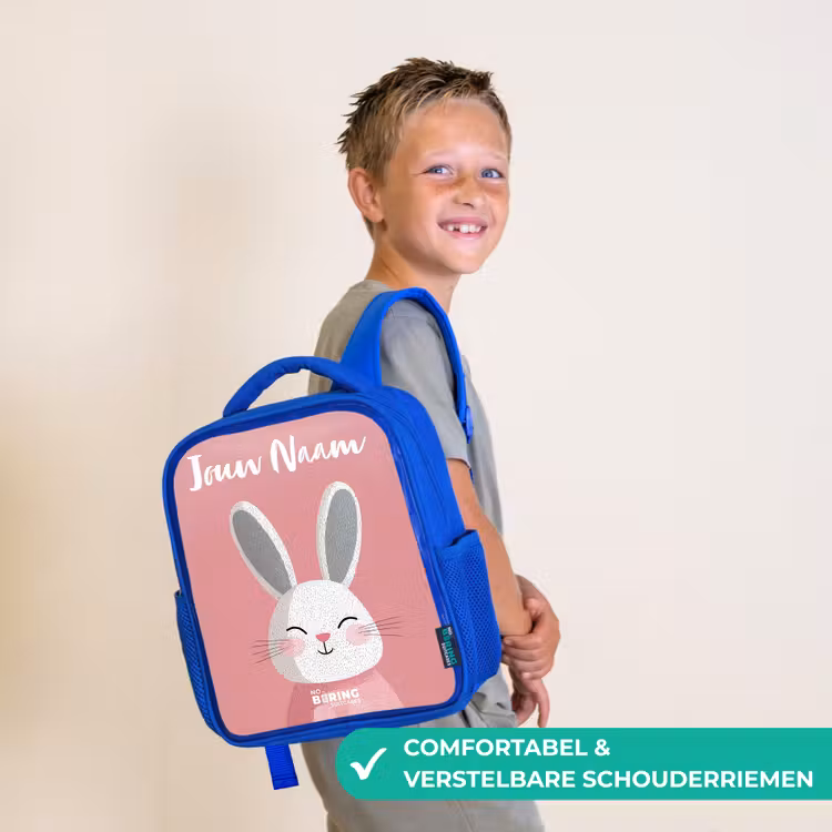Konijn - Blosje - Stippen - Roze Kinderrugzak - Blauw middel -sfeer3_NL