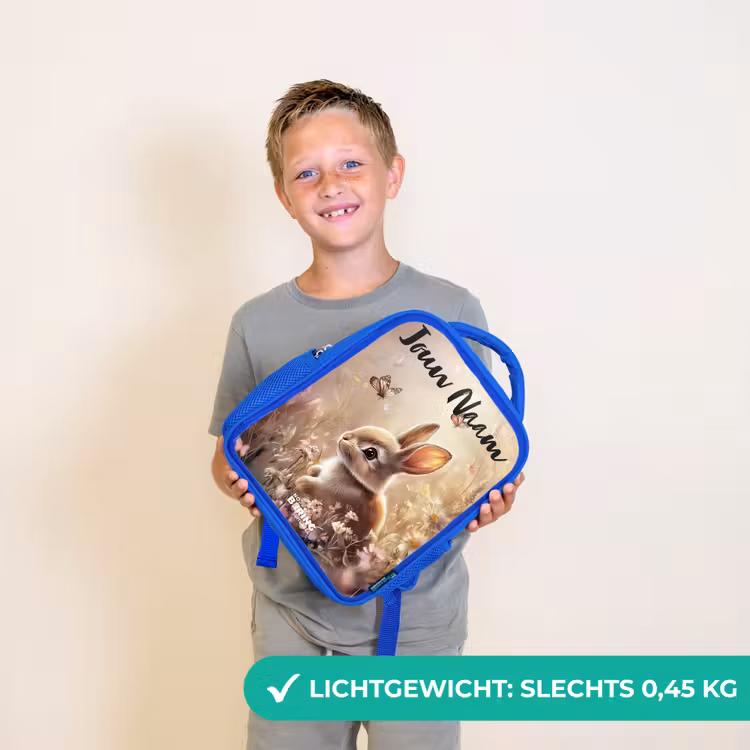 Konijntje - Bruin - Bloemen - Vlinders Kinderrugzak - Blauw middel -sfeer1_NL