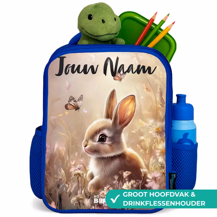 Konijntje - Bruin - Bloemen - Vlinders Kinderrugzak - Blauw middel -inhoud_NL