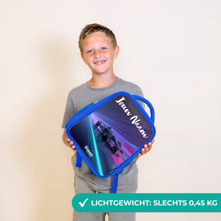 Lichtstralen - Neon - Racewagen - Paars Kinderrugzak - Blauw middel -sfeer1_NL