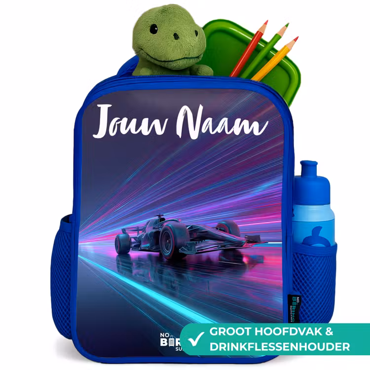 Lichtstralen - Neon - Racewagen - Paars Kinderrugzak - Blauw middel -inhoud_NL