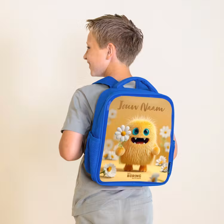 Monster - Wezen - Bloem - Geel Kinderrugzak - Blauw middel -sfeer2
