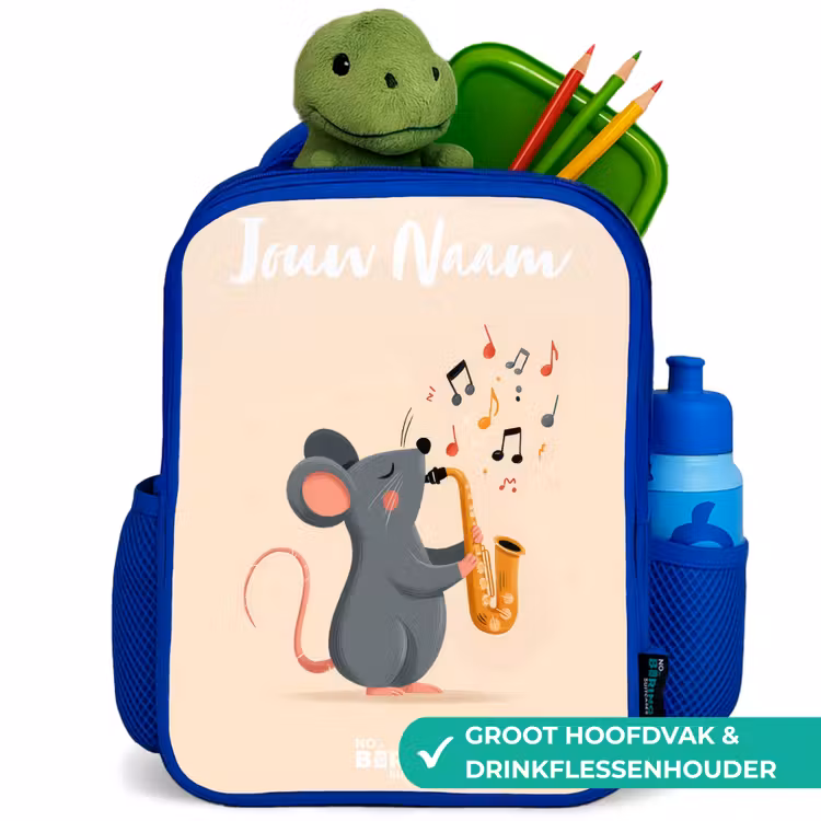 Muis - Saxofoon - Muziek Kinderrugzak - Blauw middel -inhoud_NL