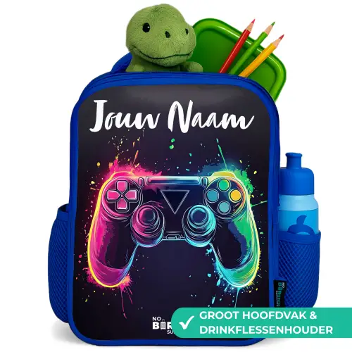 Neon - Controller - Verfspatten - Game Kinderrugzak - Blauw middel -inhoud_NL