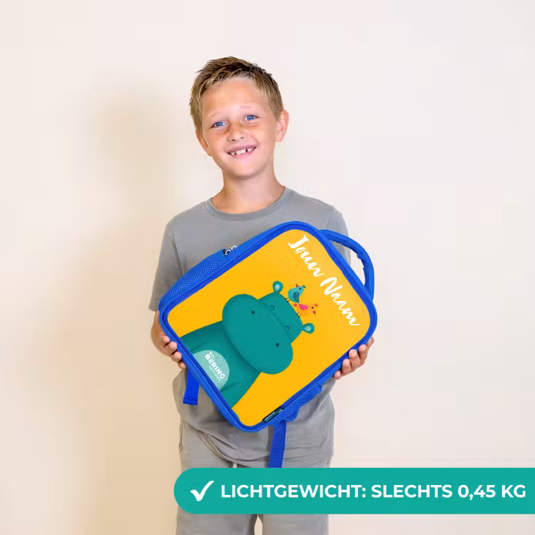 Nijlpaard - Vogels - Geel Kinderrugzak - Blauw middel -sfeer1_NL
