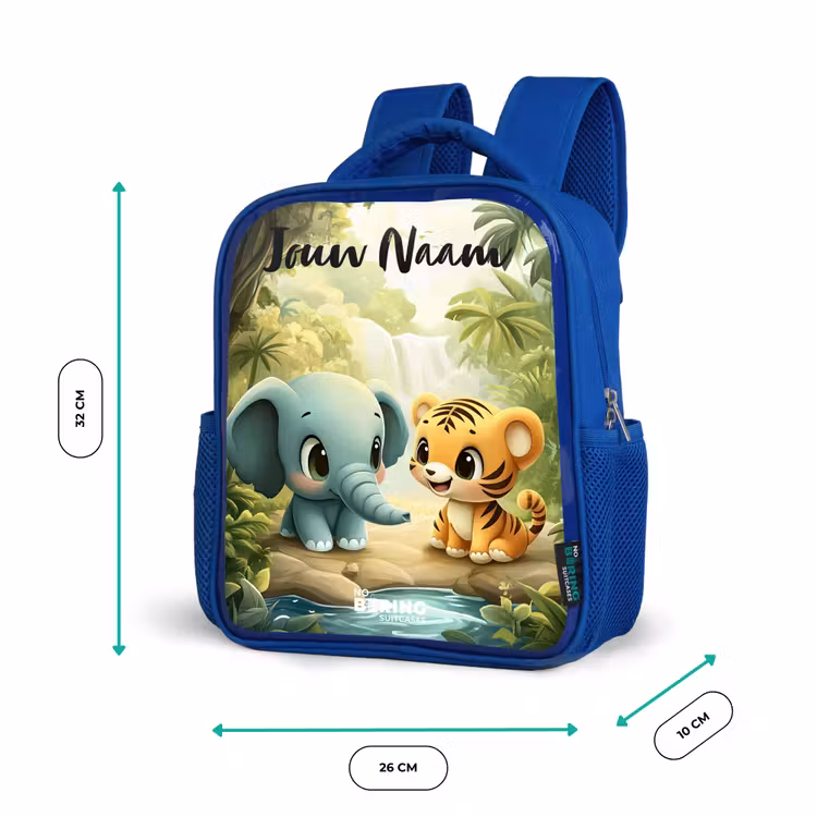 Olifant - Tijger - Bos - Jungle Kinderrugzak - Blauw middel -productfoto_formaten
