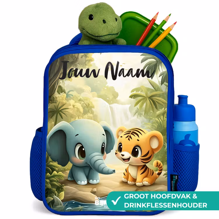 Olifant - Tijger - Bos - Jungle Kinderrugzak - Blauw middel -inhoud_NL