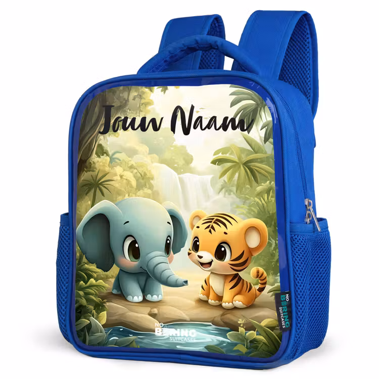 Olifant - Tijger - Bos - Jungle Kinderrugzak - Blauw middel -schuin
