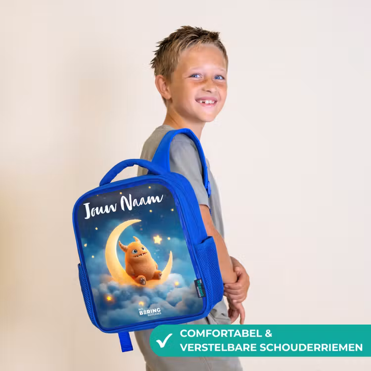Oranje monster op maansikkel Kinderrugzak - Blauw middel -sfeer3_NL