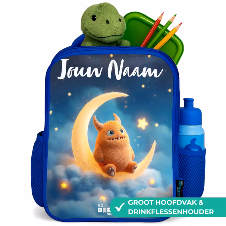 Oranje monster op maansikkel Kinderrugzak - Blauw middel -inhoud_NL