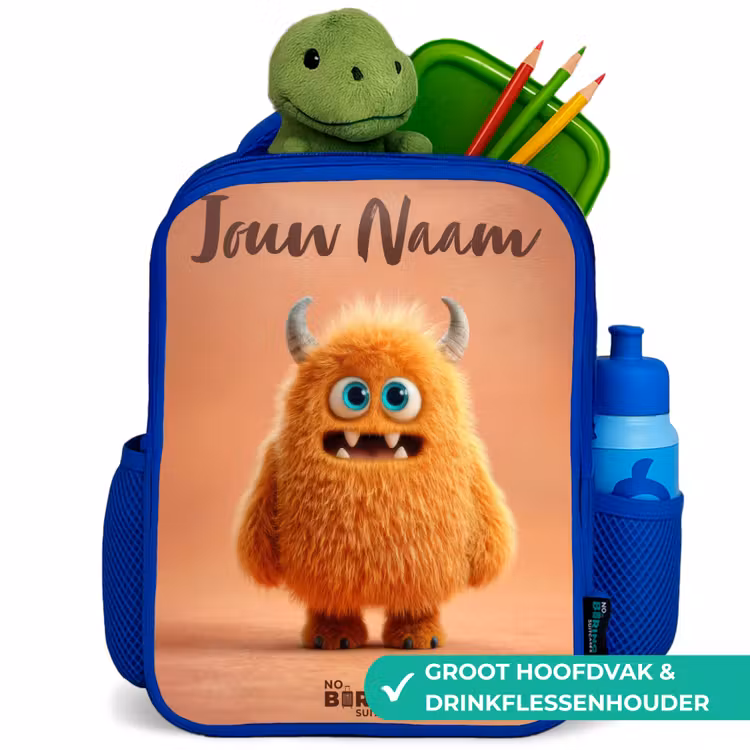 Oranje Pluizig Monster met Hoorns Kinderrugzak - Blauw middel -inhoud_NL