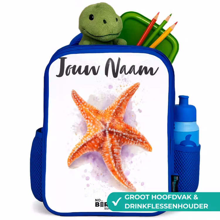 Oranje Zeester Illustratie Kinderrugzak - Blauw middel -inhoud_NL