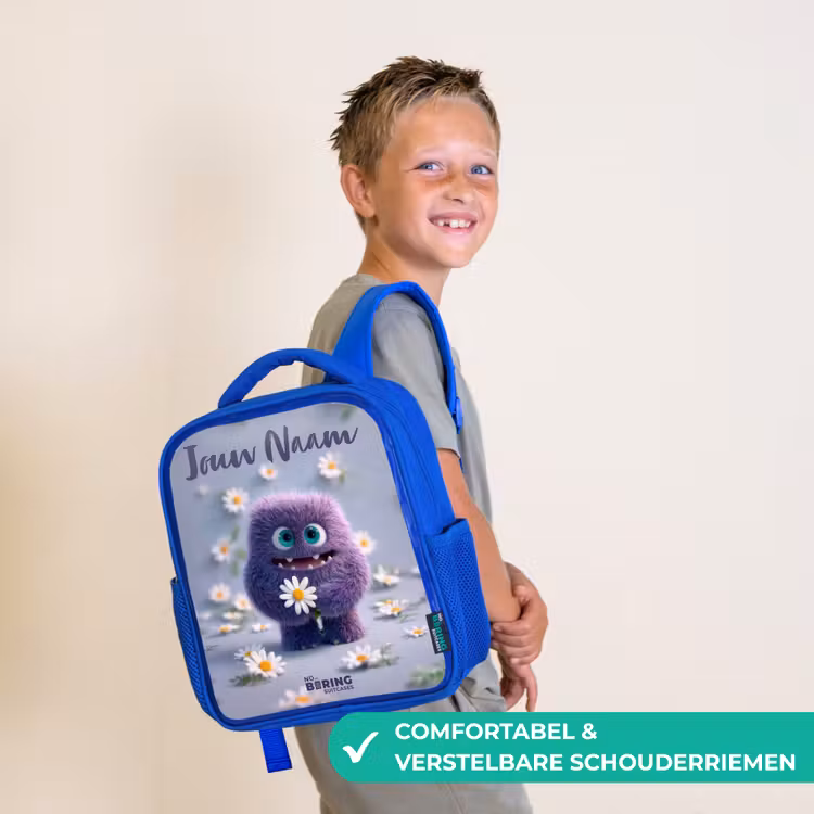Paars Pluizig Vriendje met Madelief Kinderrugzak - Blauw middel -sfeer3_NL