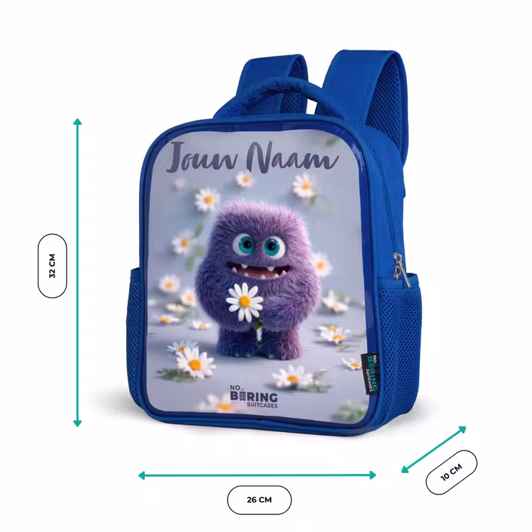 Paars Pluizig Vriendje met Madelief Kinderrugzak - Blauw middel -productfoto_formaten