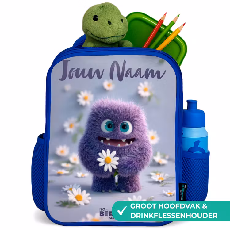 Paars Pluizig Vriendje met Madelief Kinderrugzak - Blauw middel -inhoud_NL