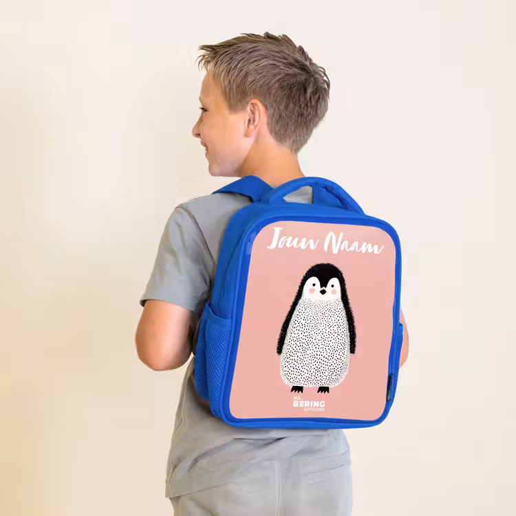 Pinguïn - Stippen - Roze - Minimalistisch Kinderrugzak - Blauw middel -sfeer2