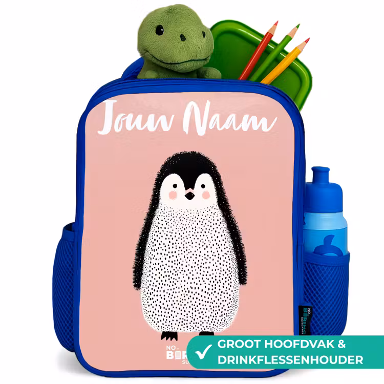 Pinguïn - Stippen - Roze - Minimalistisch Kinderrugzak - Blauw middel -inhoud_NL