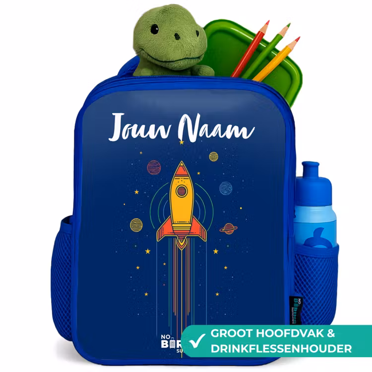 Raket - Planeten - Sterren Kinderrugzak - Blauw middel -inhoud_NL