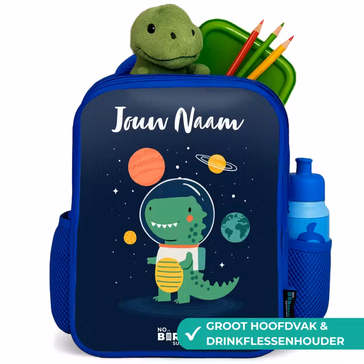 Ruimte - Dino - Planeten - Sterren Kinderrugzak - Blauw middel -inhoud_NL
