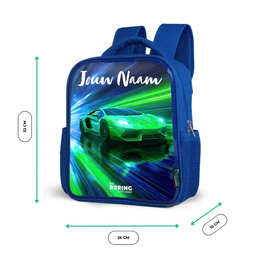 Sportauto - Groen - Snelheidslijnen - Neon Kinderrugzak - Blauw middel -productfoto_formaten