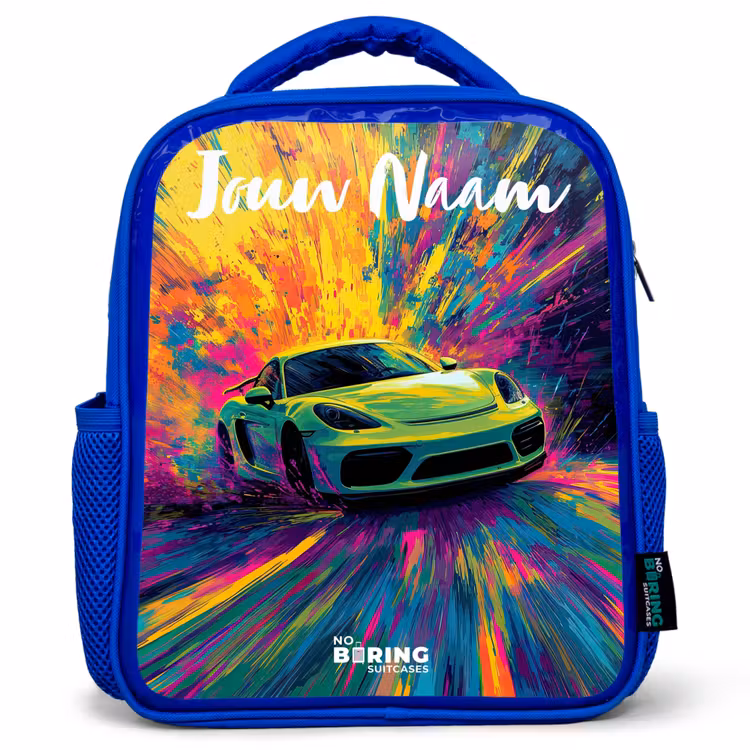 Sportauto - Groen - Verfstrepen - Kleuren Kinderrugzak - Blauw middel -3d