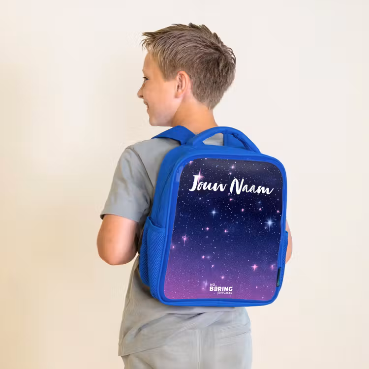 Sterren - Galaxy - Blauw - Roze Kinderrugzak - Blauw middel -sfeer2