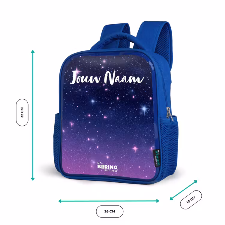 Sterren - Galaxy - Blauw - Roze Kinderrugzak - Blauw middel -productfoto_formaten