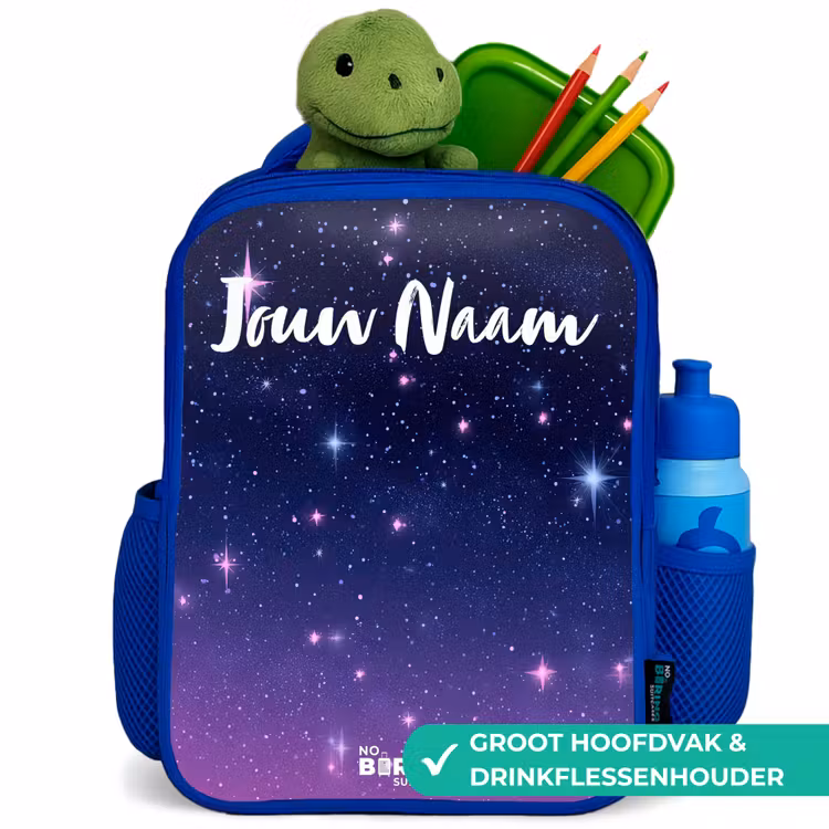 Sterren - Galaxy - Blauw - Roze Kinderrugzak - Blauw middel -inhoud_NL