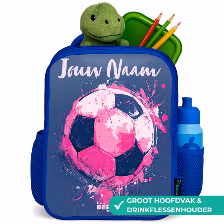 Voetbalvibes - Verf - Roze - Blauw Kinderrugzak - Blauw middel -inhoud_NL