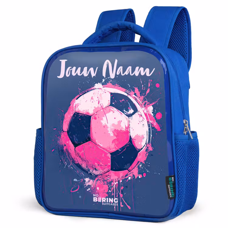 Voetbalvibes - Verf - Roze - Blauw Kinderrugzak - Blauw middel -schuin