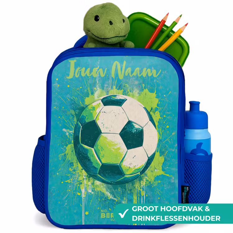 Voetbalvibes - Verfspatten - Groen - Blauw Kinderrugzak - Blauw middel -inhoud_NL