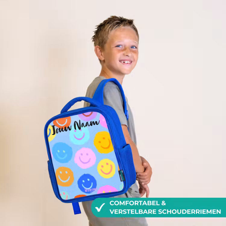 Vrolijk patroon van smileys Kinderrugzak - Blauw middel -sfeer3_NL