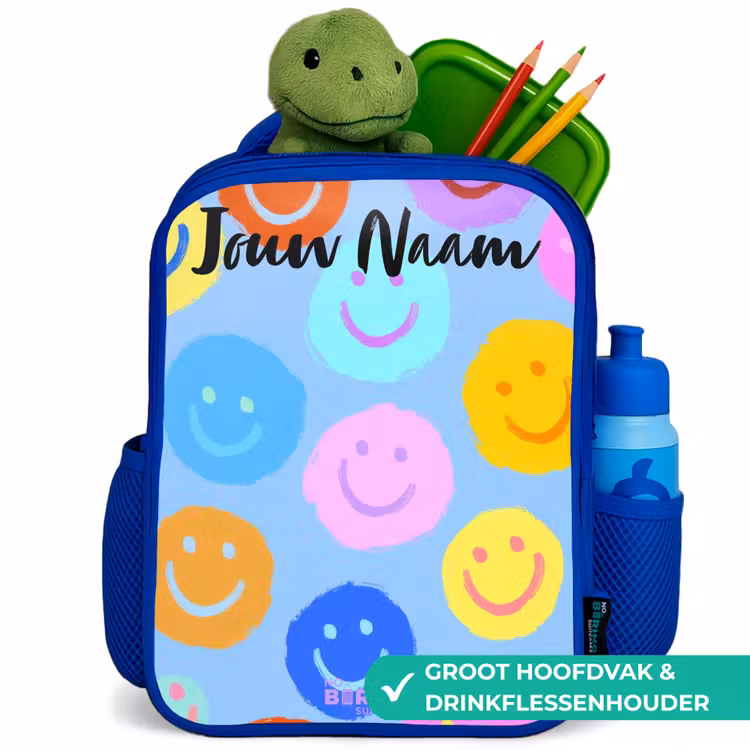Vrolijk patroon van smileys Kinderrugzak - Blauw middel -inhoud_NL