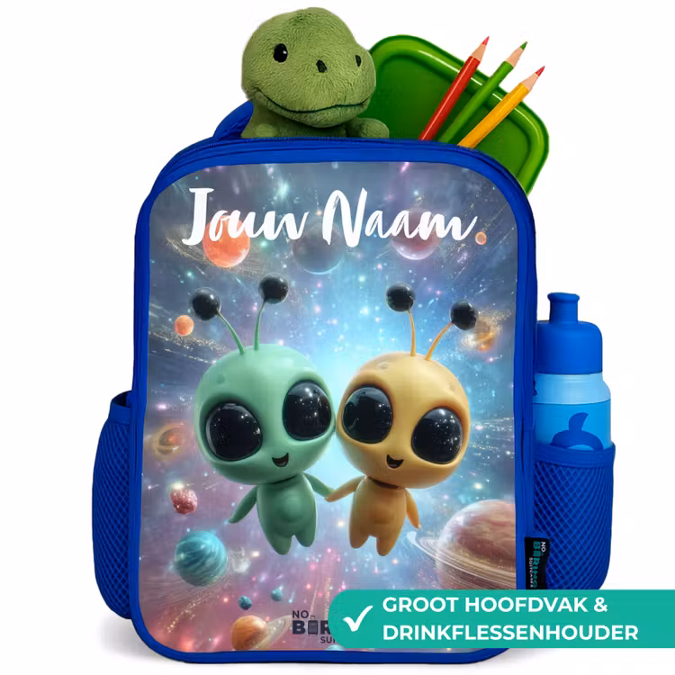 Vrolijke buitenaardse vrienden Kinderrugzak - Blauw middel -inhoud_NL