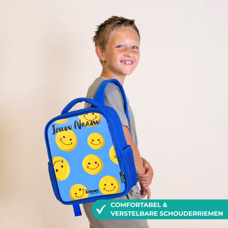 Vrolijke smileyregen Kinderrugzak - Blauw middel -sfeer3_NL